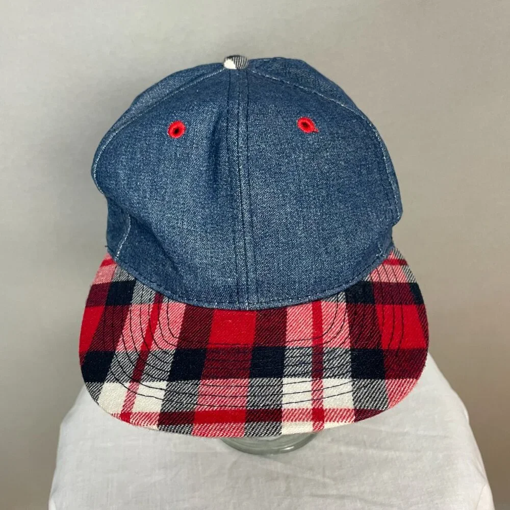 Otto Baseball Hat Denim Style Red‎ Plaid Cotton One Size Classic Retro Sporty